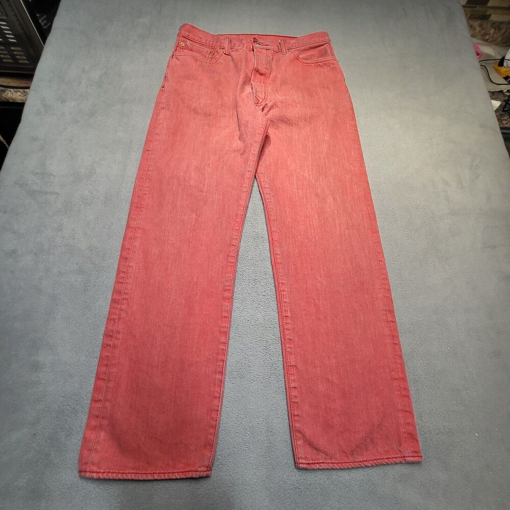Levis 501 Jeans‎ Mens 32x29 Red Denim Straight Leg Distressed Button Fly